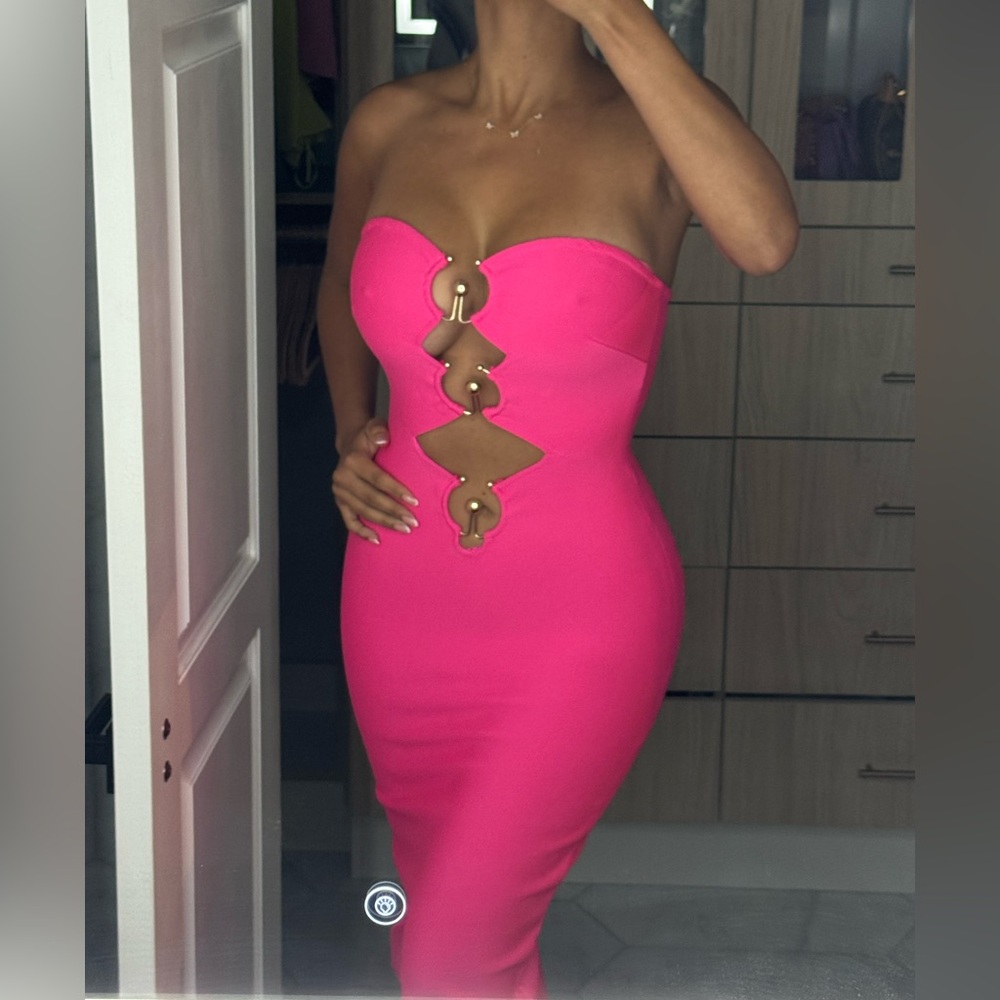 Vibrant Pink Strapless Midi Dress